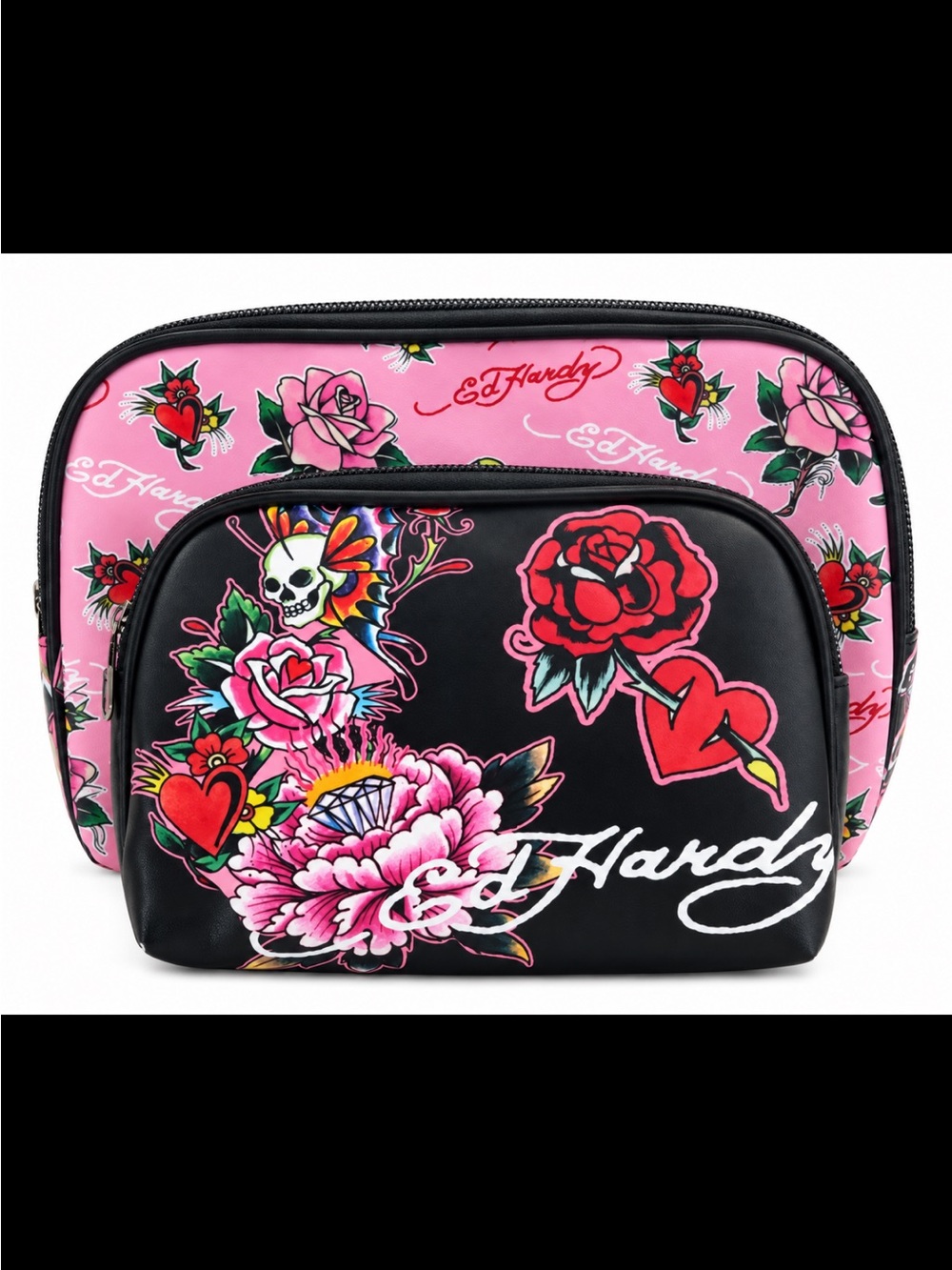Ed Hardy Pink & Black Floral Tattoo Cosmetic Pouch Set